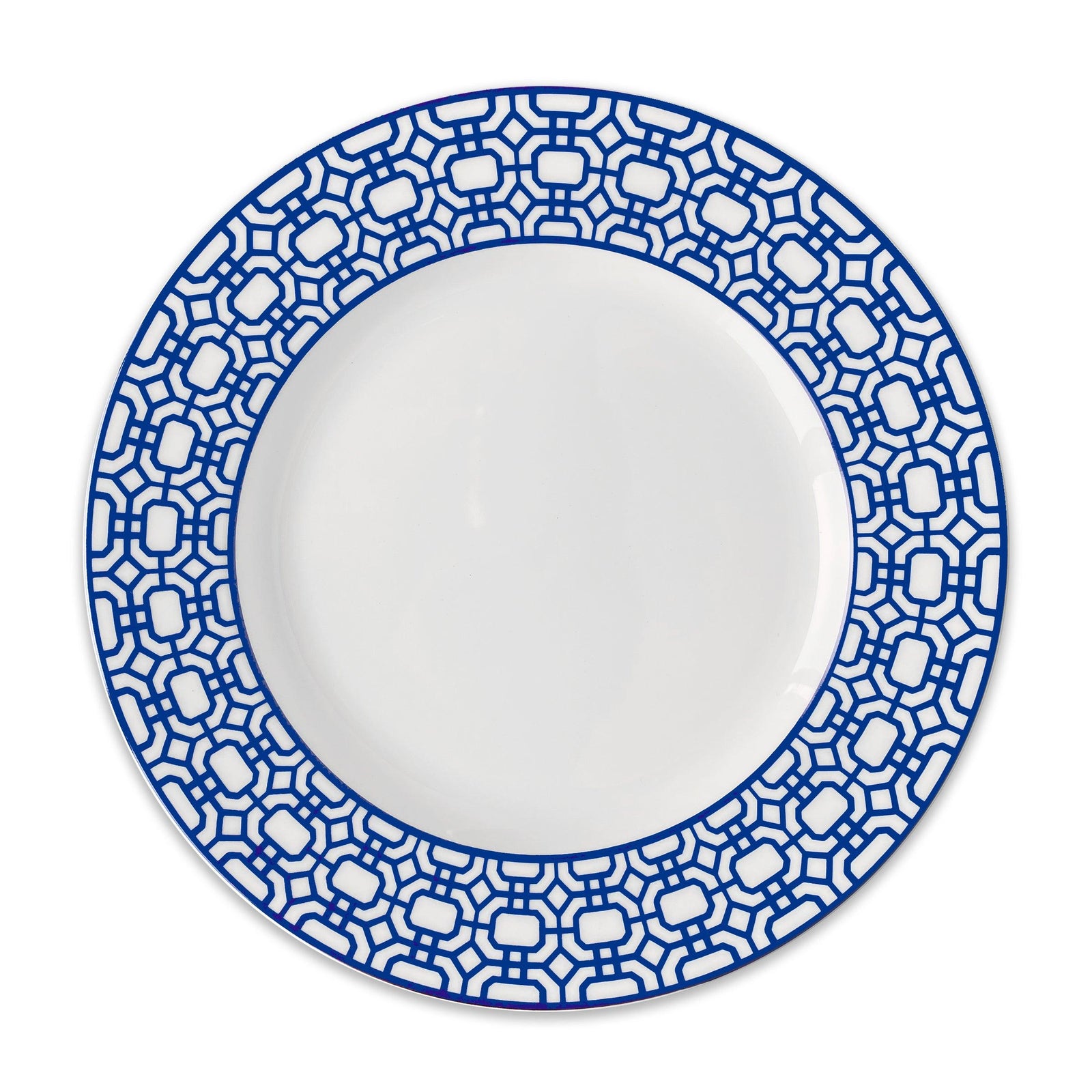A Newport Garden Gate Rimmed Dinner Plate by Caskata Artisanal Home featuring a geometric blue pattern along the rim, perfect for any contemporary dinnerware or coastal collections.