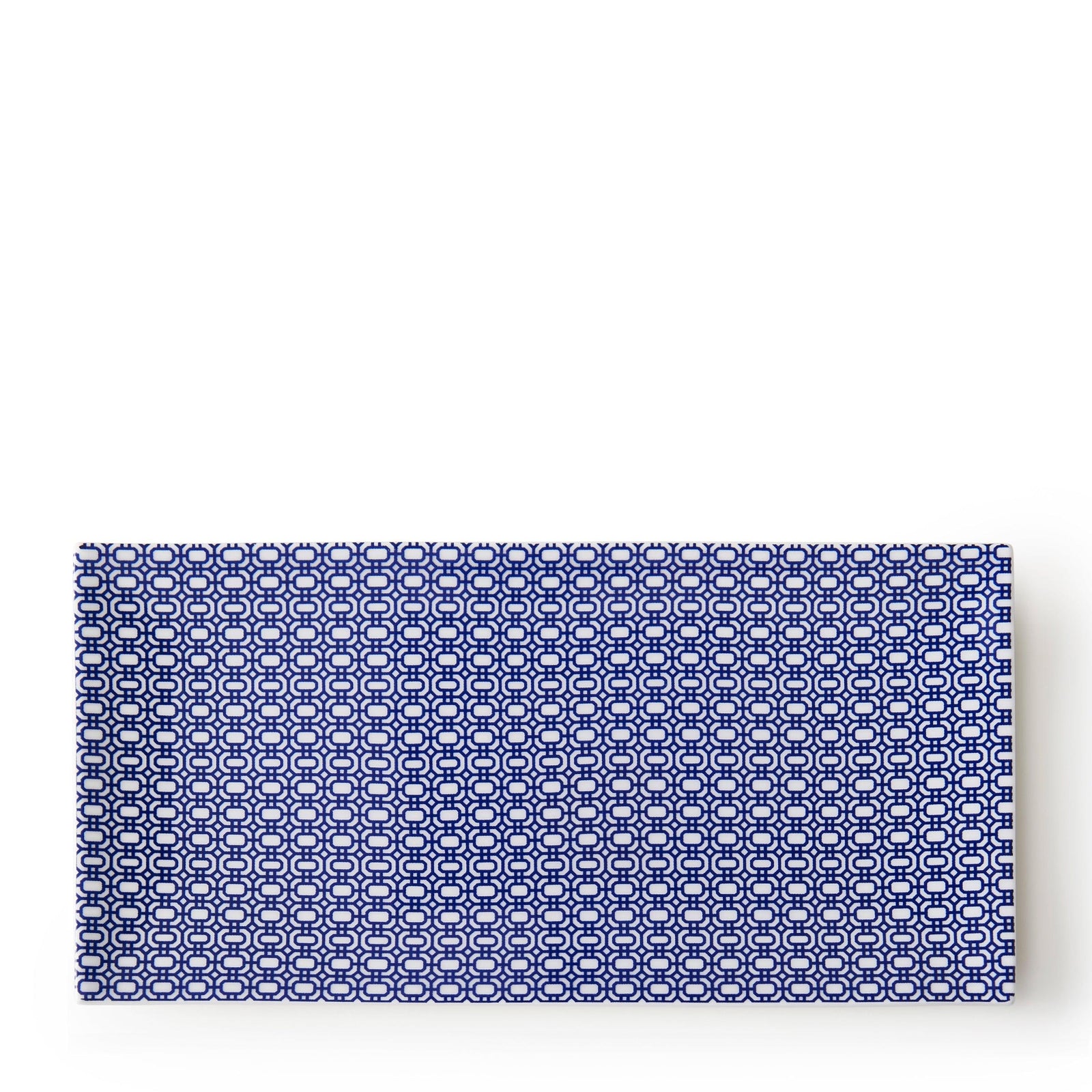 Newport Petite Serving Tray by Caskata: A rectangular porcelain tray with a blue geometric pattern on a white background, inspired by the Newport Garden Gate design.