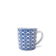 A creamy white Newport Garden Gate Mug by Caskata Artisanal Home, delicately adorned with a blue geometric pattern, features a handle on the right side. This graphic mug is both dishwasher and microwave safe, ensuring convenience and style in your daily routine.