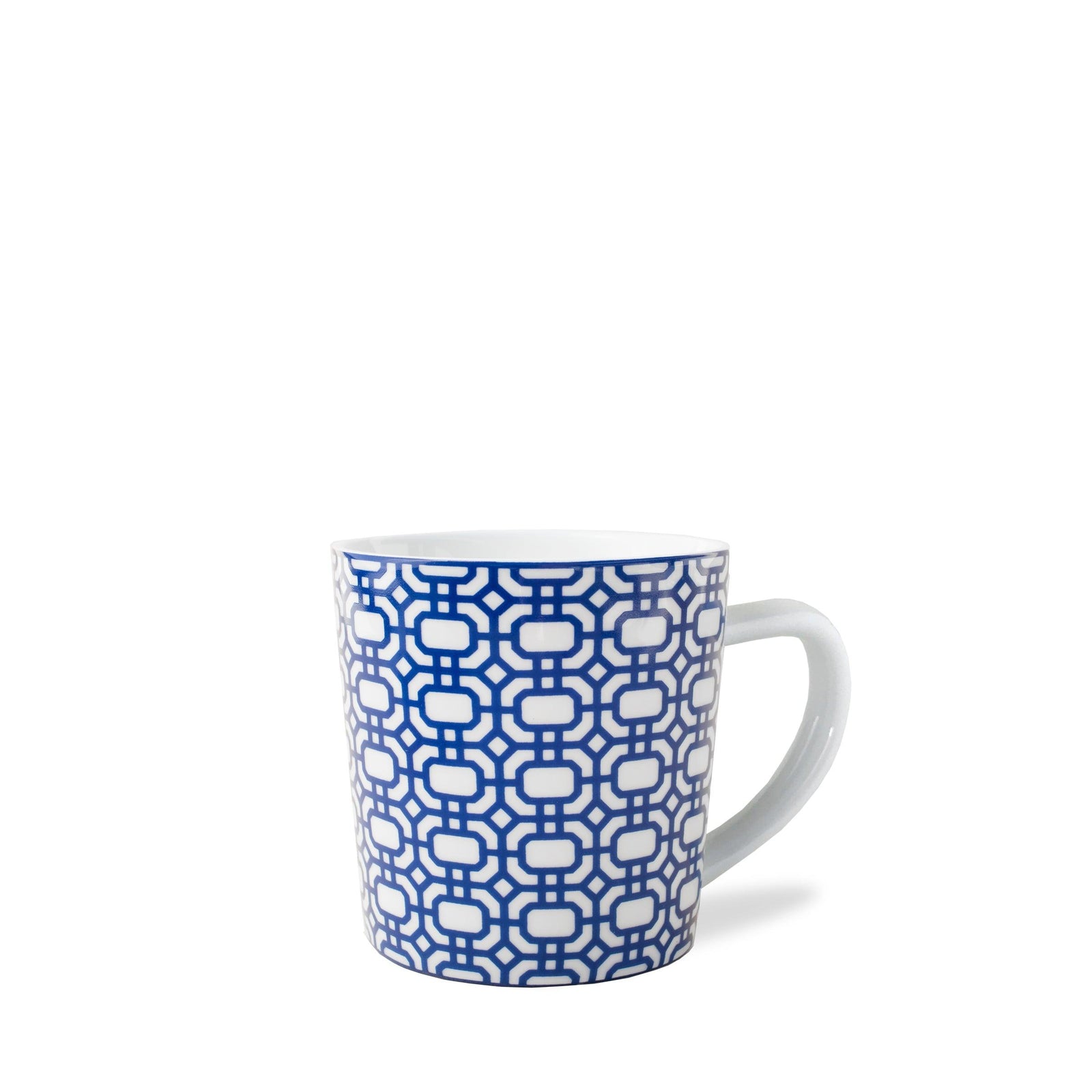 A creamy white Newport Garden Gate Mug by Caskata Artisanal Home, delicately adorned with a blue geometric pattern, features a handle on the right side. This graphic mug is both dishwasher and microwave safe, ensuring convenience and style in your daily routine.