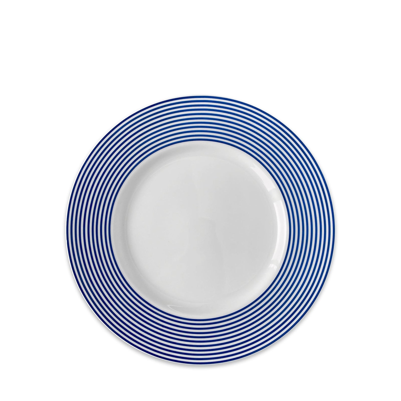 Newport Stripe Rimmed Salad Plate crafted from high-fired porcelain featuring a Newport Stripe design with blue concentric circles around the rim by Caskata Artisanal Home.