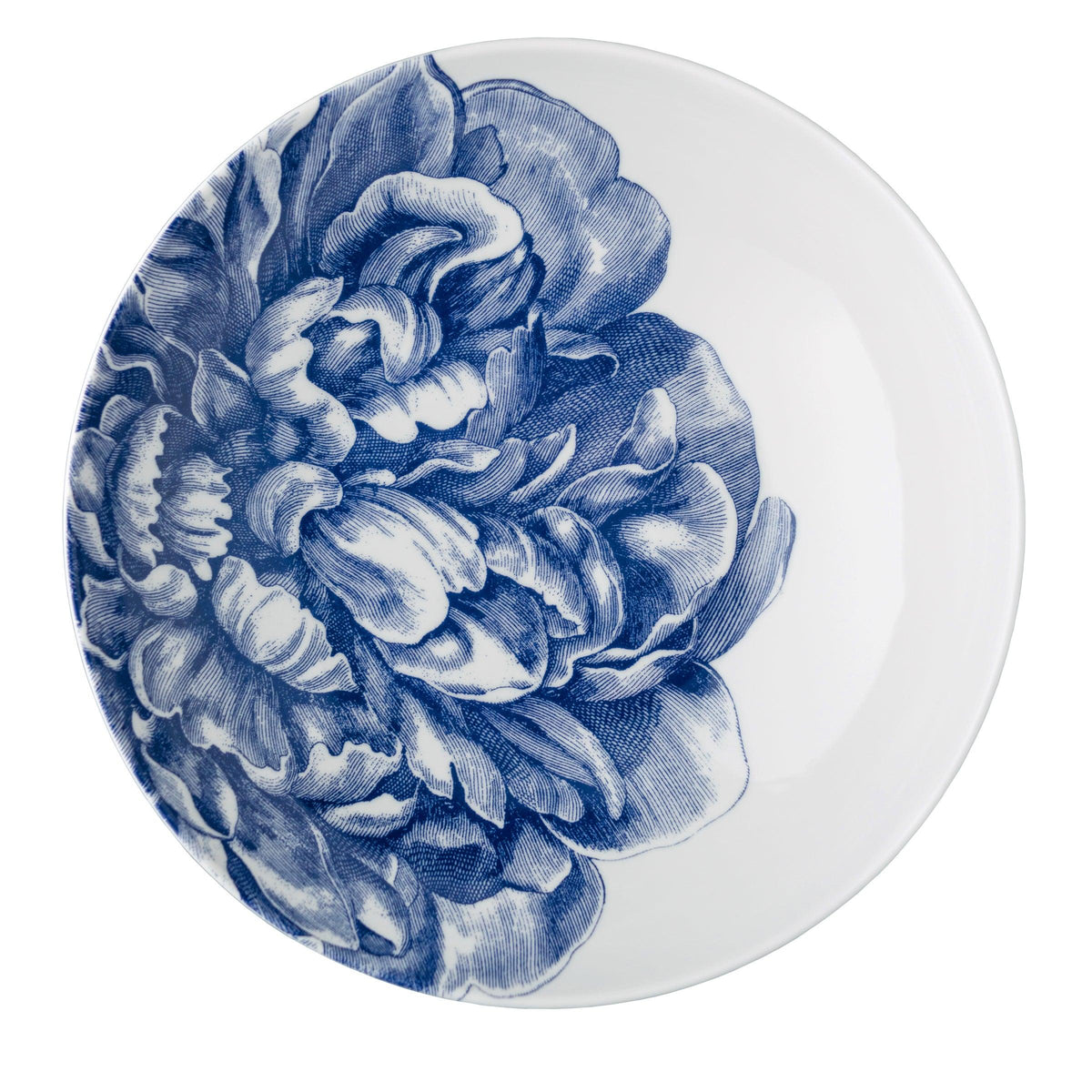 A Caskata Artisanal Home Peony Wide Serving Bowl with a detailed blue floral design on a white background, viewed from above.