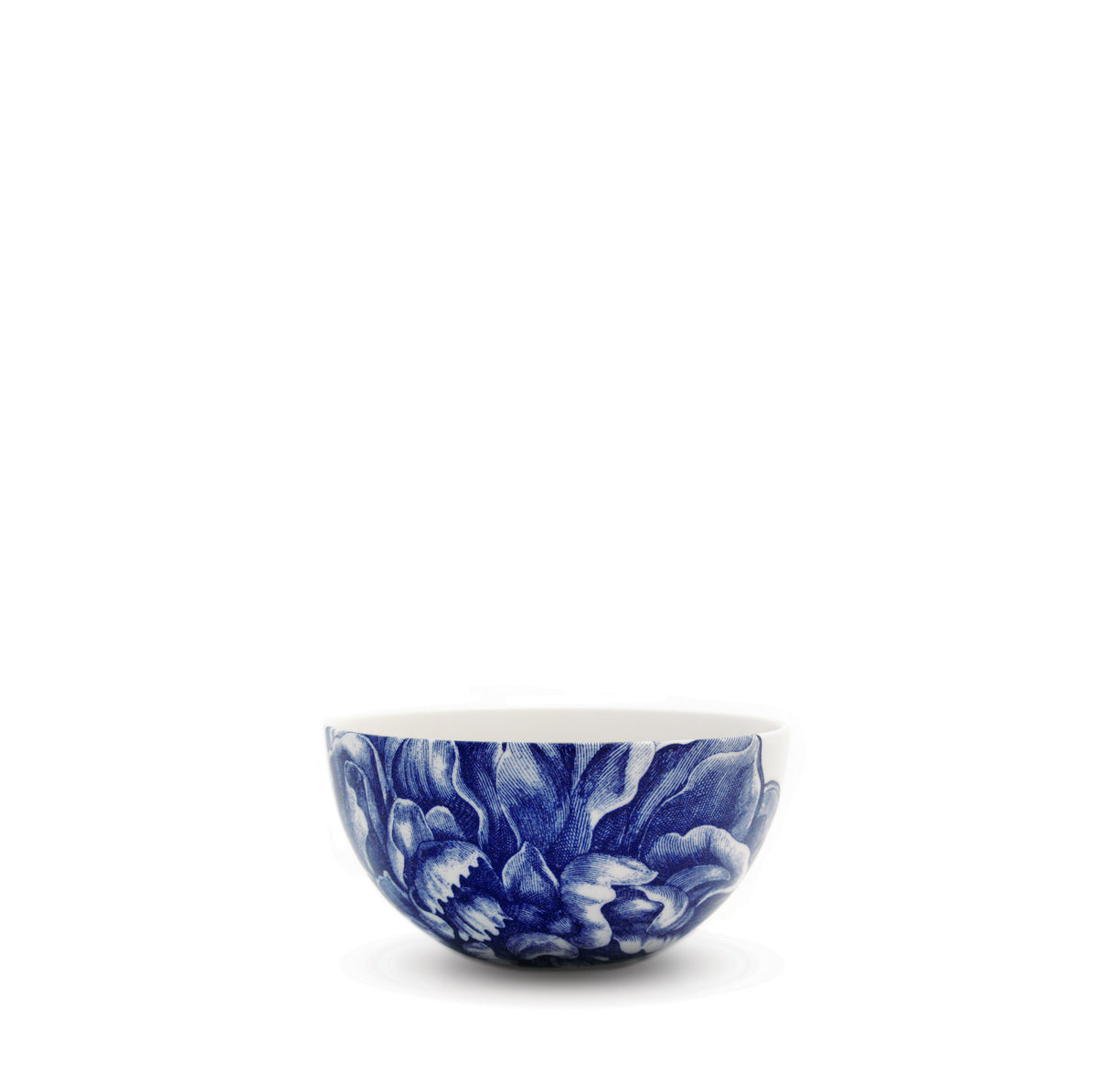 A blue and white floral-patterned Peony Snack Bowl by Caskata Artisanal Home on a white background.