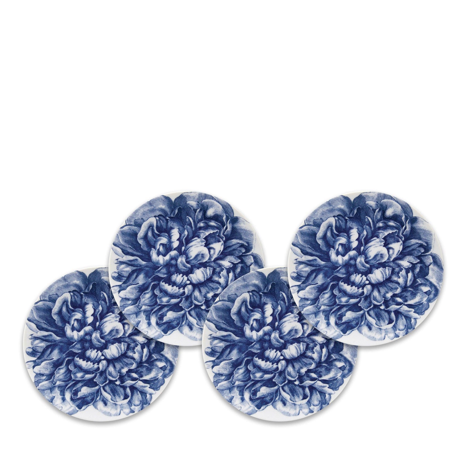 Four premium Peony Small Plates by Caskata Artisanal Home with blue floral patterns are arranged in an overlapping layout, showcasing the elegance of blue and white dinnerware.