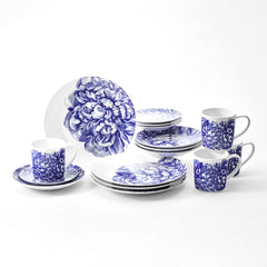 Peony pattern in blue and white porcelain 16 piece dinnerware set from Caskata