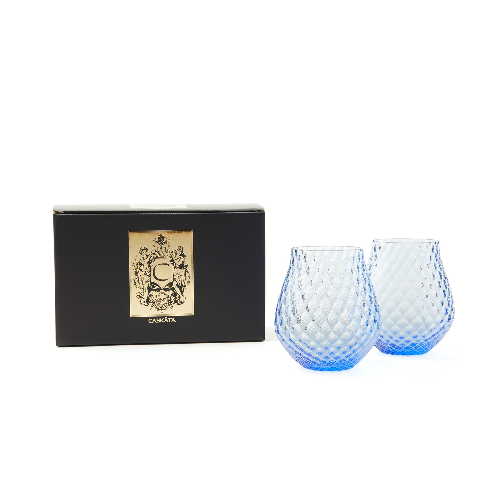 Phoebe cobalt blue stemless tulip crystal wine glasses from Caskata.