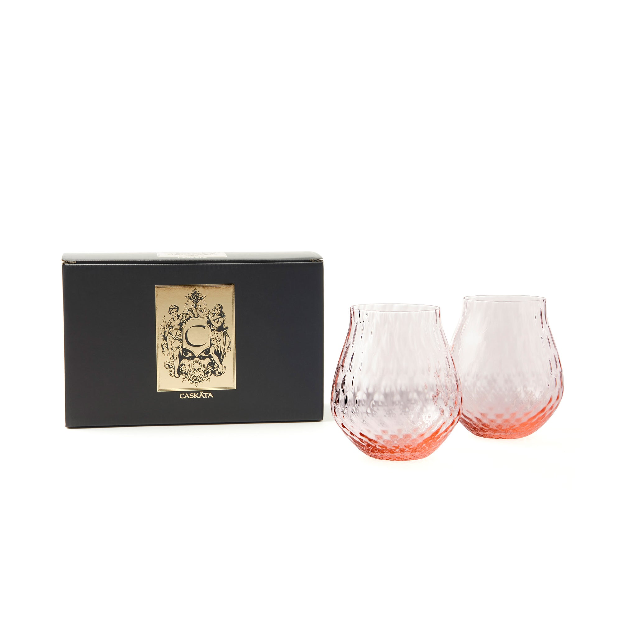 Phoebe rose pink crystal stemless tulip wine glasses from Caskata.