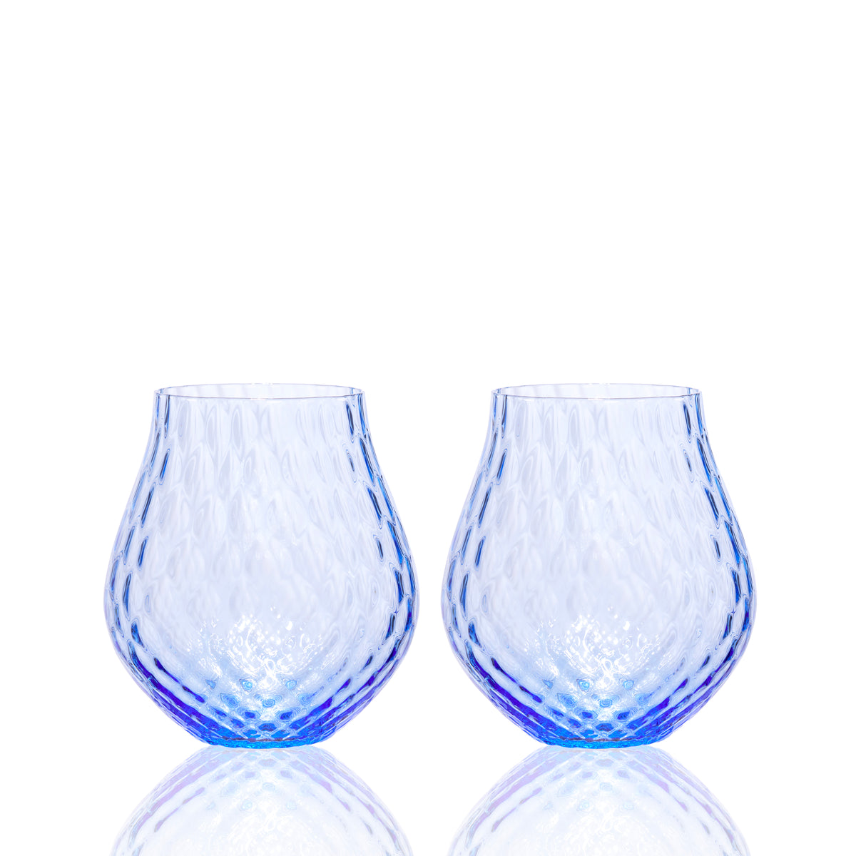 Phoebe cobalt blue stemless tulip crystal wine glasses from Caskata.