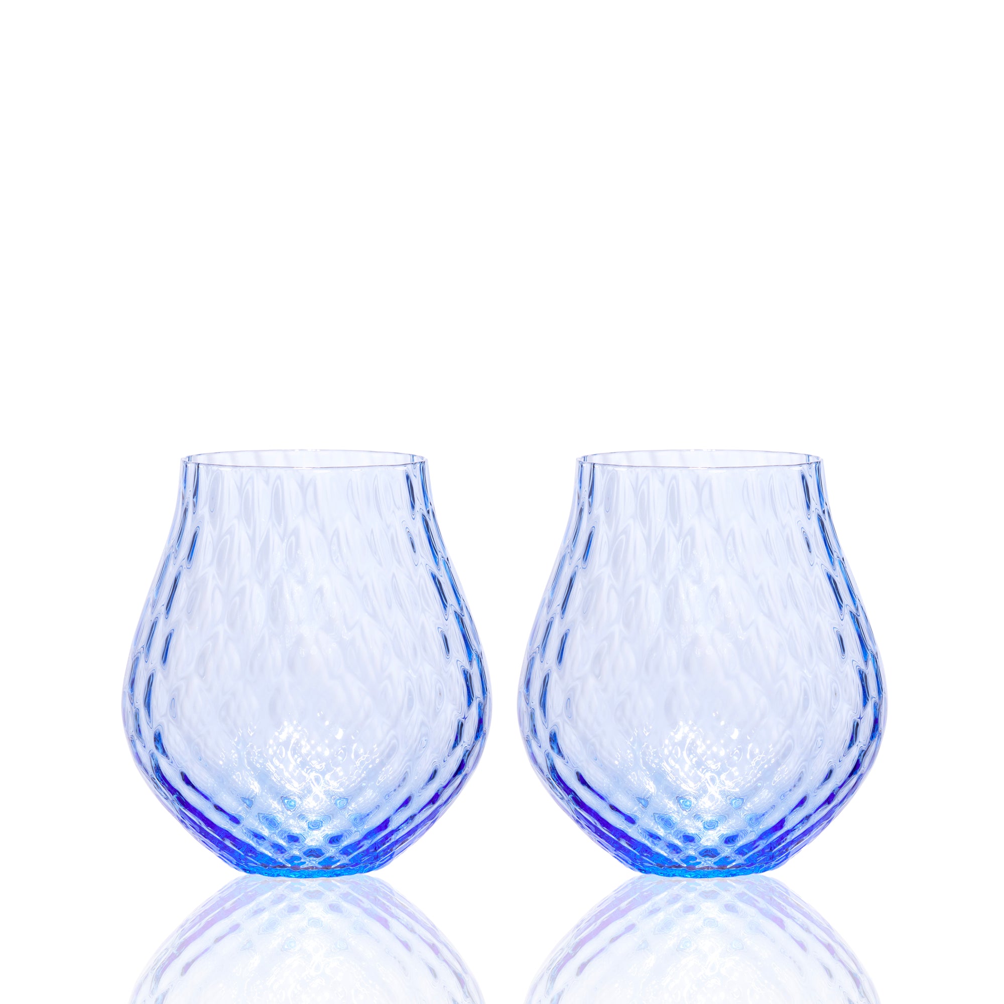 Phoebe cobalt blue stemless tulip crystal wine glasses from Caskata.