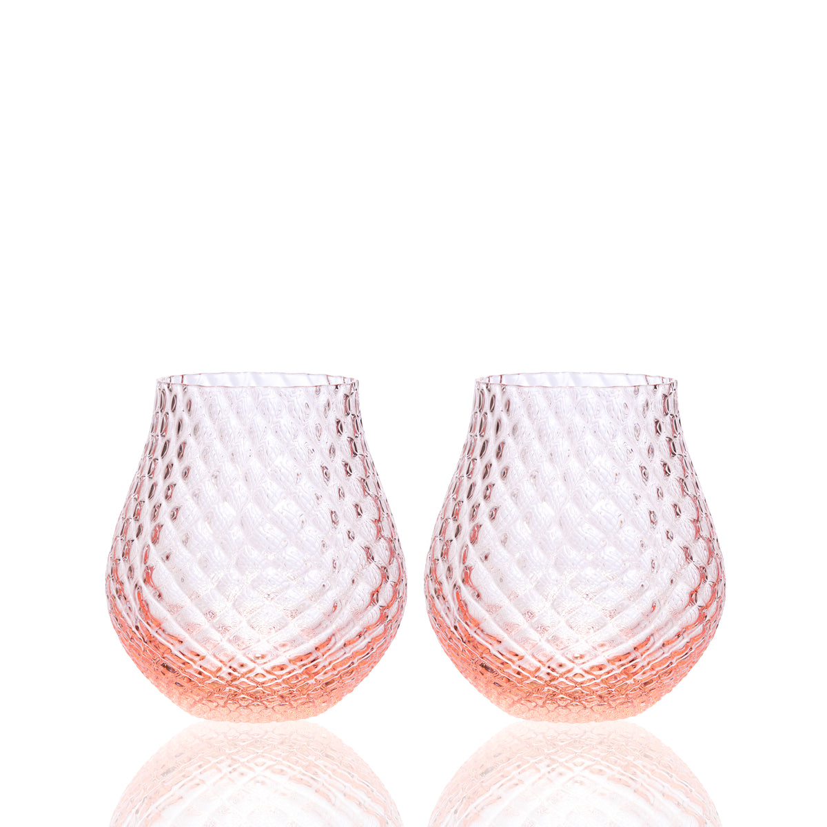 Phoebe rose pink crystal stemless tulip wine glasses from Caskata.