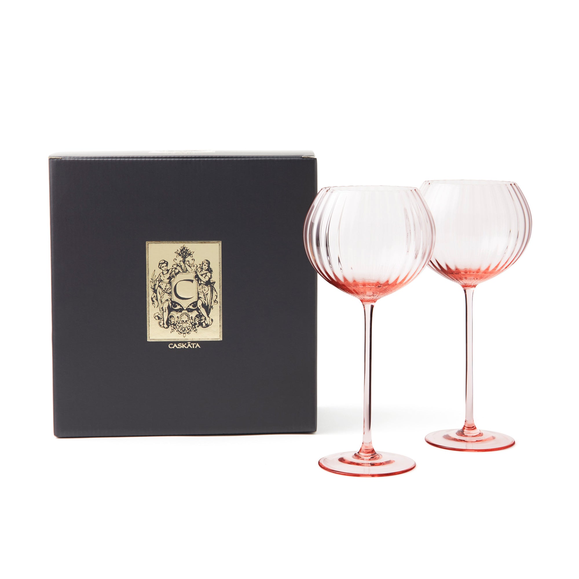 Quinn Red Wine Balloon Glasses Set of 2. Mouth blown, Rose Pink Crystal Stemware from Caskata