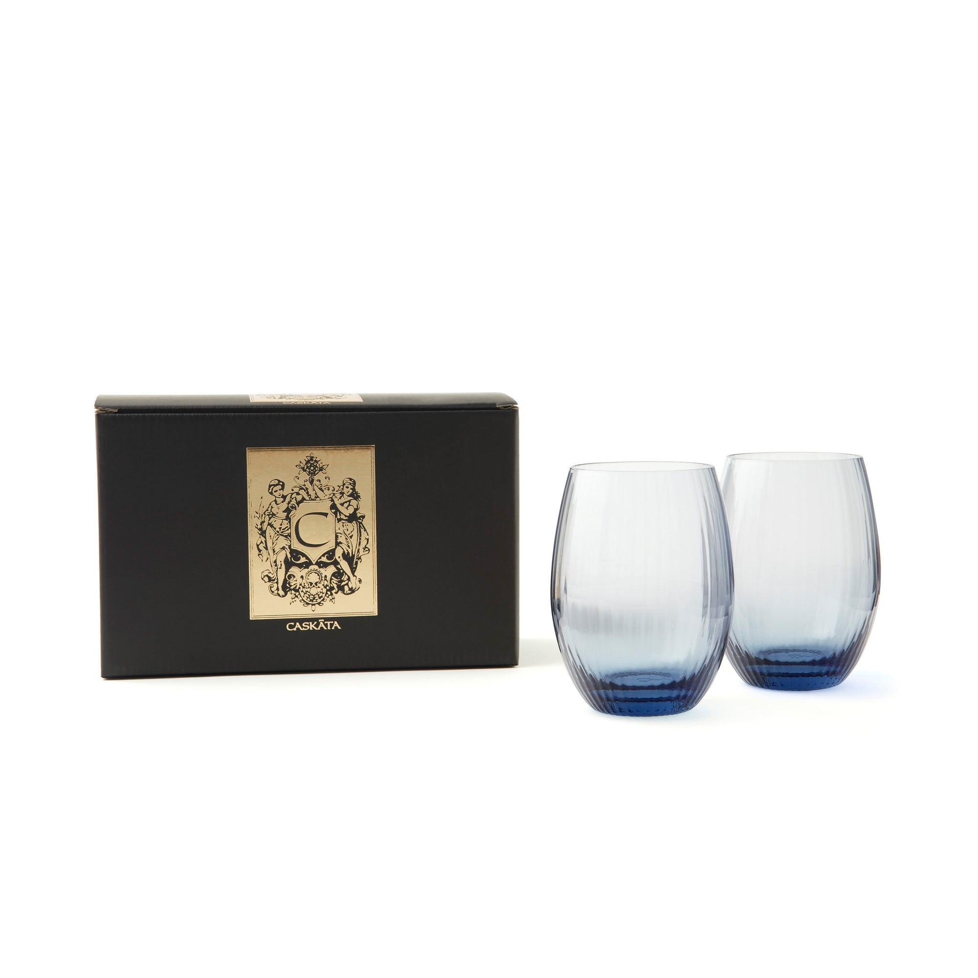 Quinn Tumblers or Stemless Wine Glasses in Ocean Blue, Mouth Blown Crystal from Caskata Set of 2
