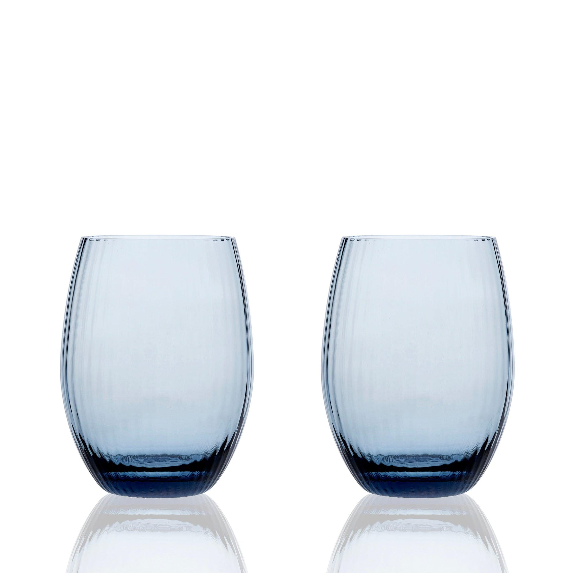 Quinn Tumblers or Stemless Wine Glasses in Ocean Blue, Mouth Blown Crystal from Caskata Set of 2