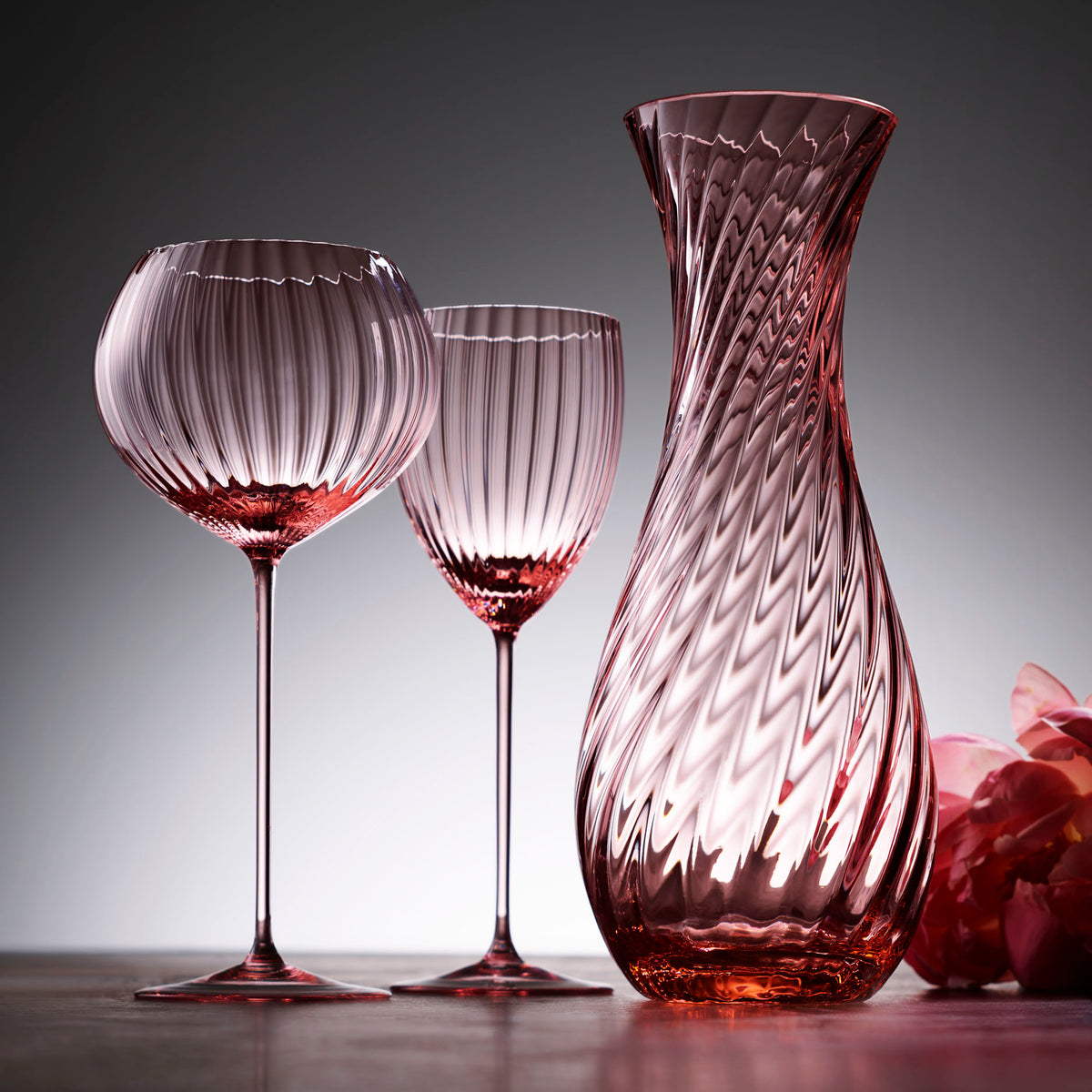 Quinn Stemware Red Wine Glass and White Wine Glass and Carafe in Rose from Caskata