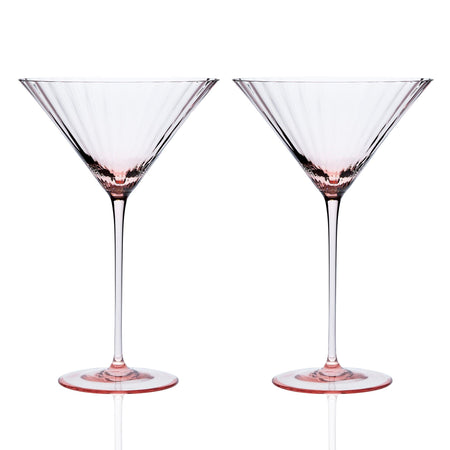 Quinn Rose pink mouth-blown crystal martini glasses.