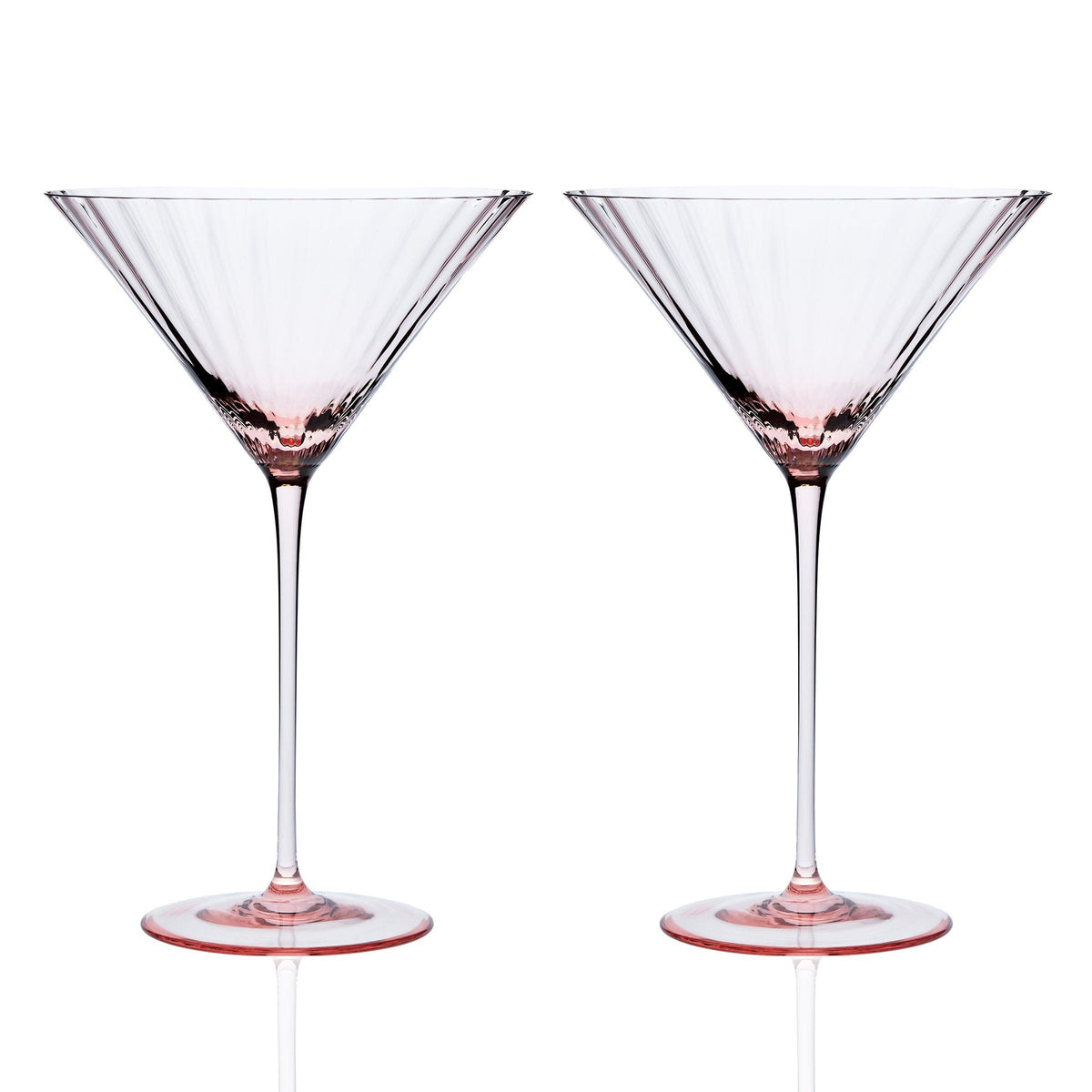 Quinn Rose pink mouth-blown crystal martini glasses.