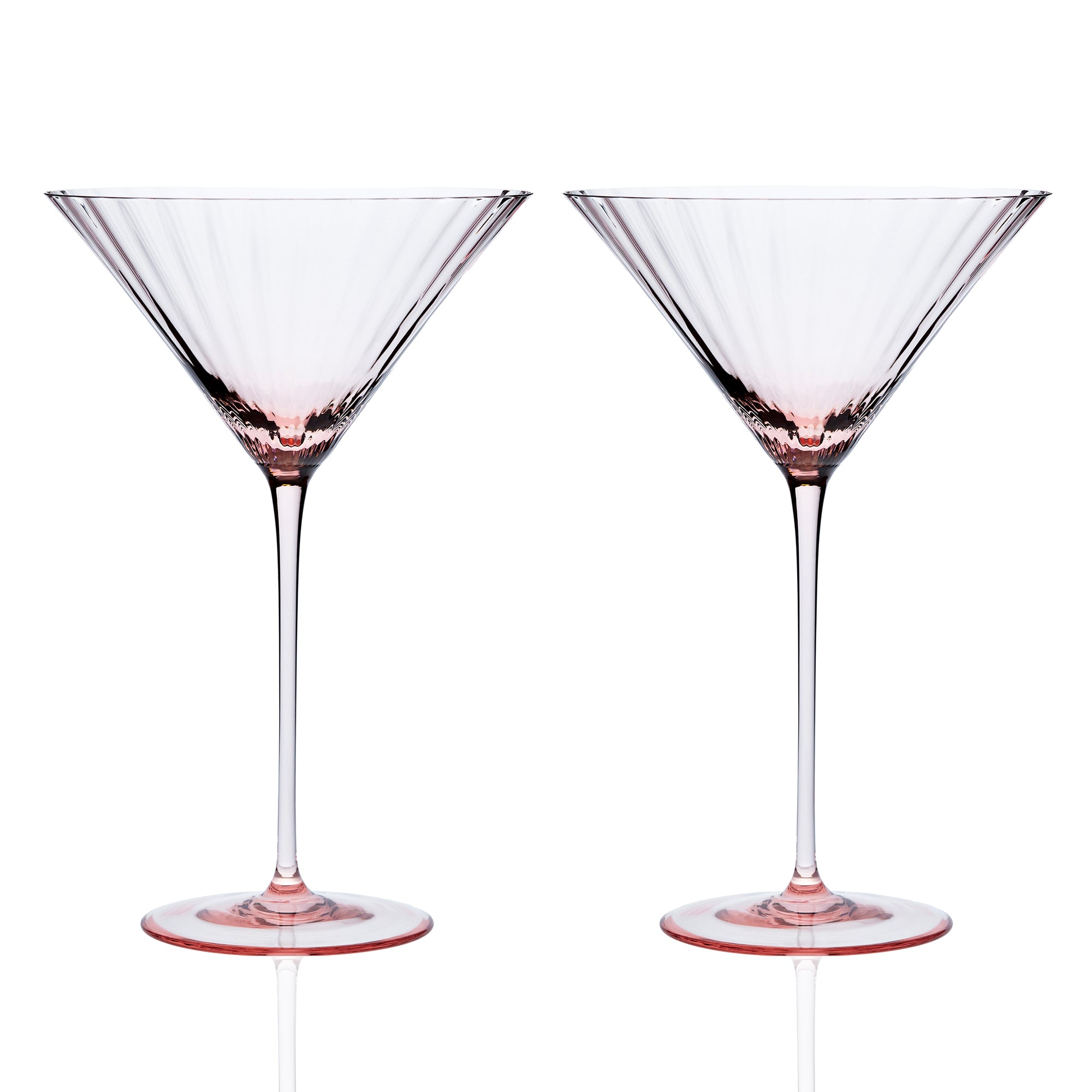 Quinn Rose pink mouth-blown crystal martini glasses.