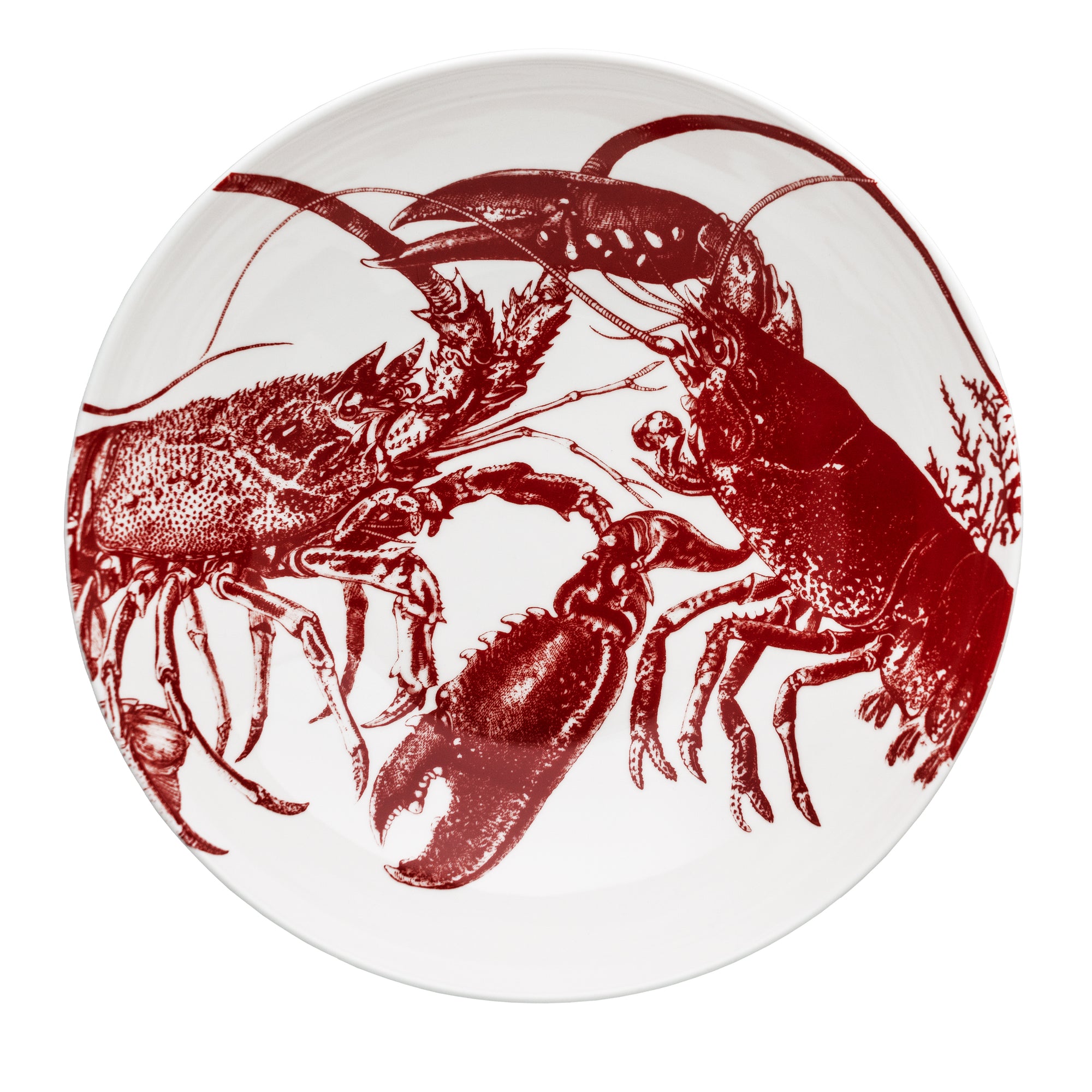 A white ceramic Lobster Wide Serving Bowl by Caskata Artisanal Home featuring a red illustration of two lobsters facing each other, perfect for adding a touch of seaside style tableware to your dining experience.