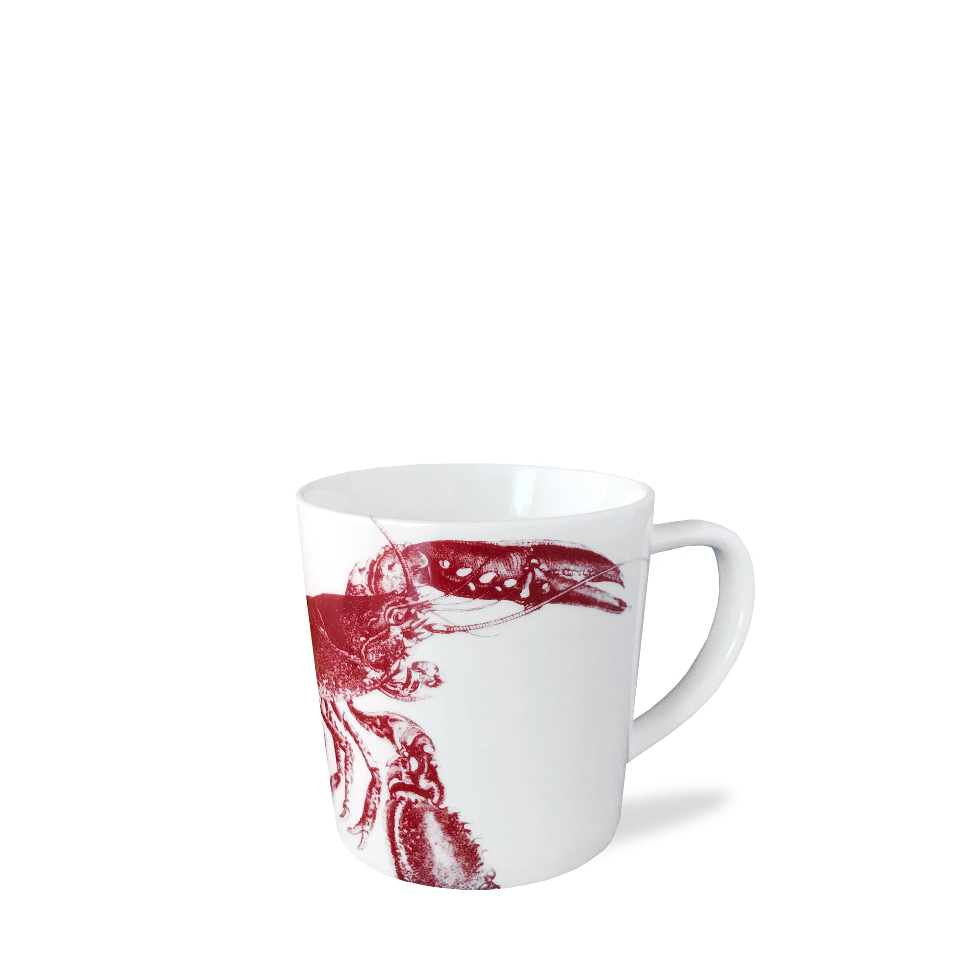 A high-fired porcelain Lobster Red Mug by Caskata Artisanal Home featuring a red lobster illustration on the side, perfect for adding a touch of seaside style to your kitchen.