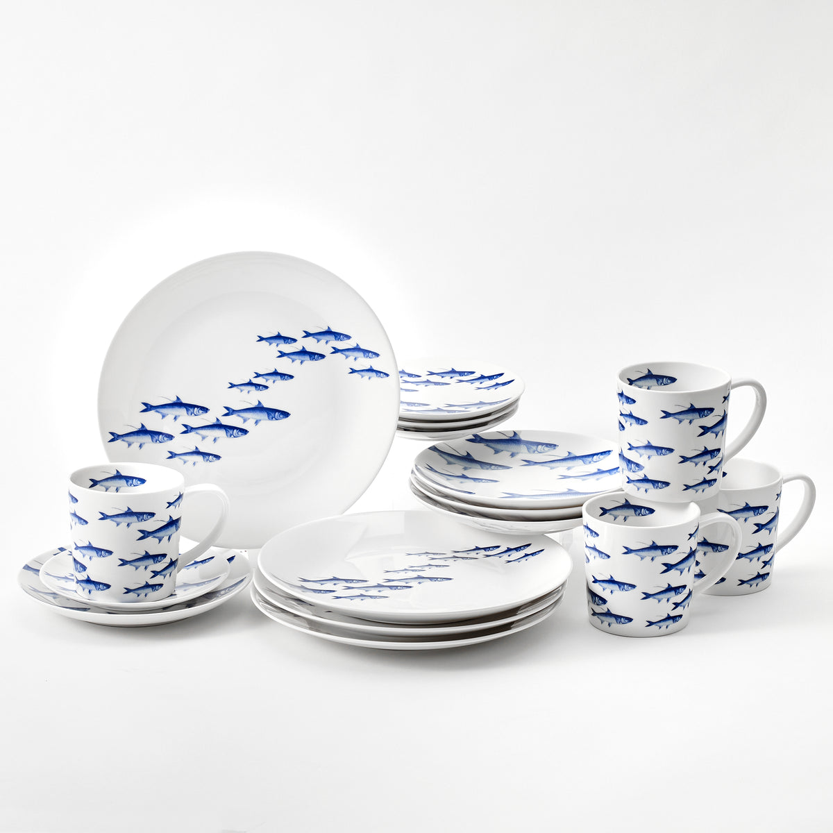 School of Fish 16 piece dinnerware set in blue and white porcelain from Caskata