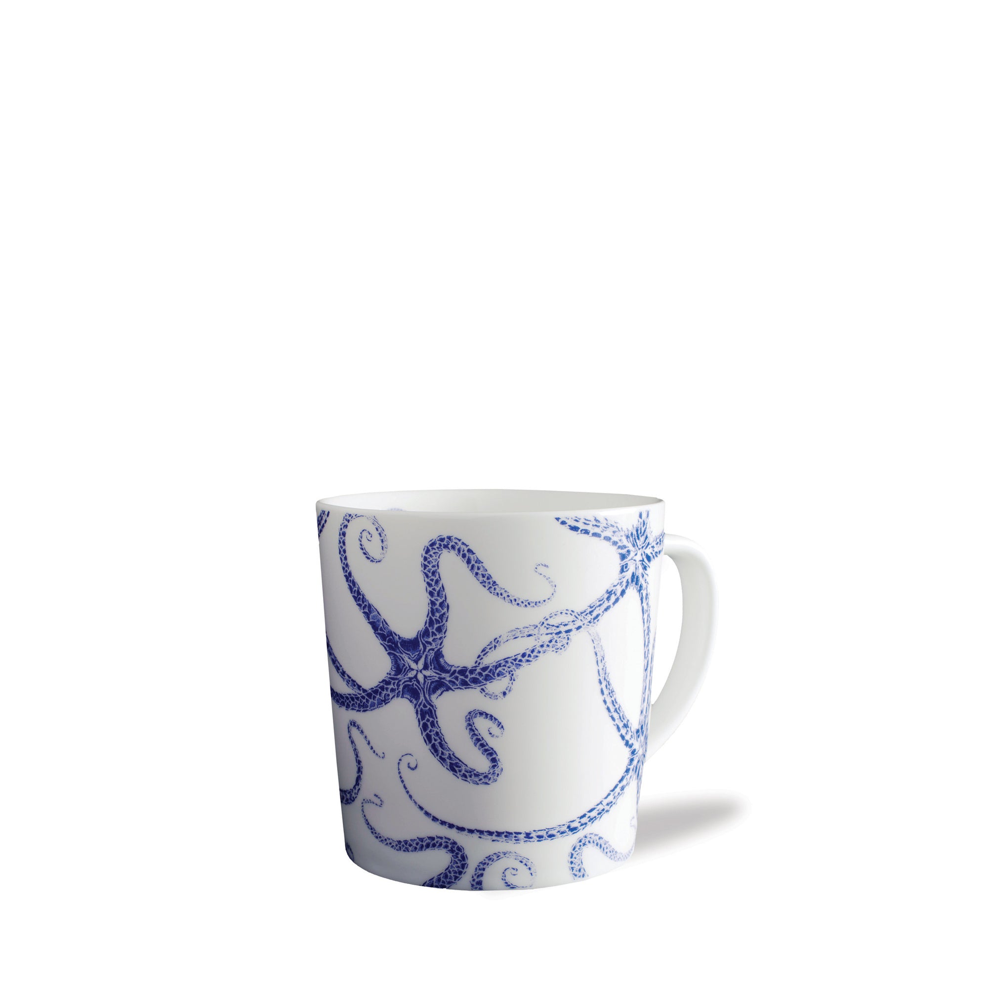 High-fired porcelain Starfish Mug by Caskata Artisanal Home with a blue octopus design; it's dishwasher safe and perfect for ocean lovers.