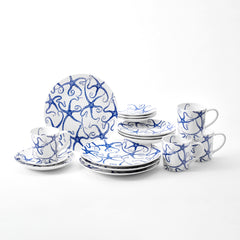 Starfish pattern 16 piece dinnerware set in blue and white porcelain from Caskata