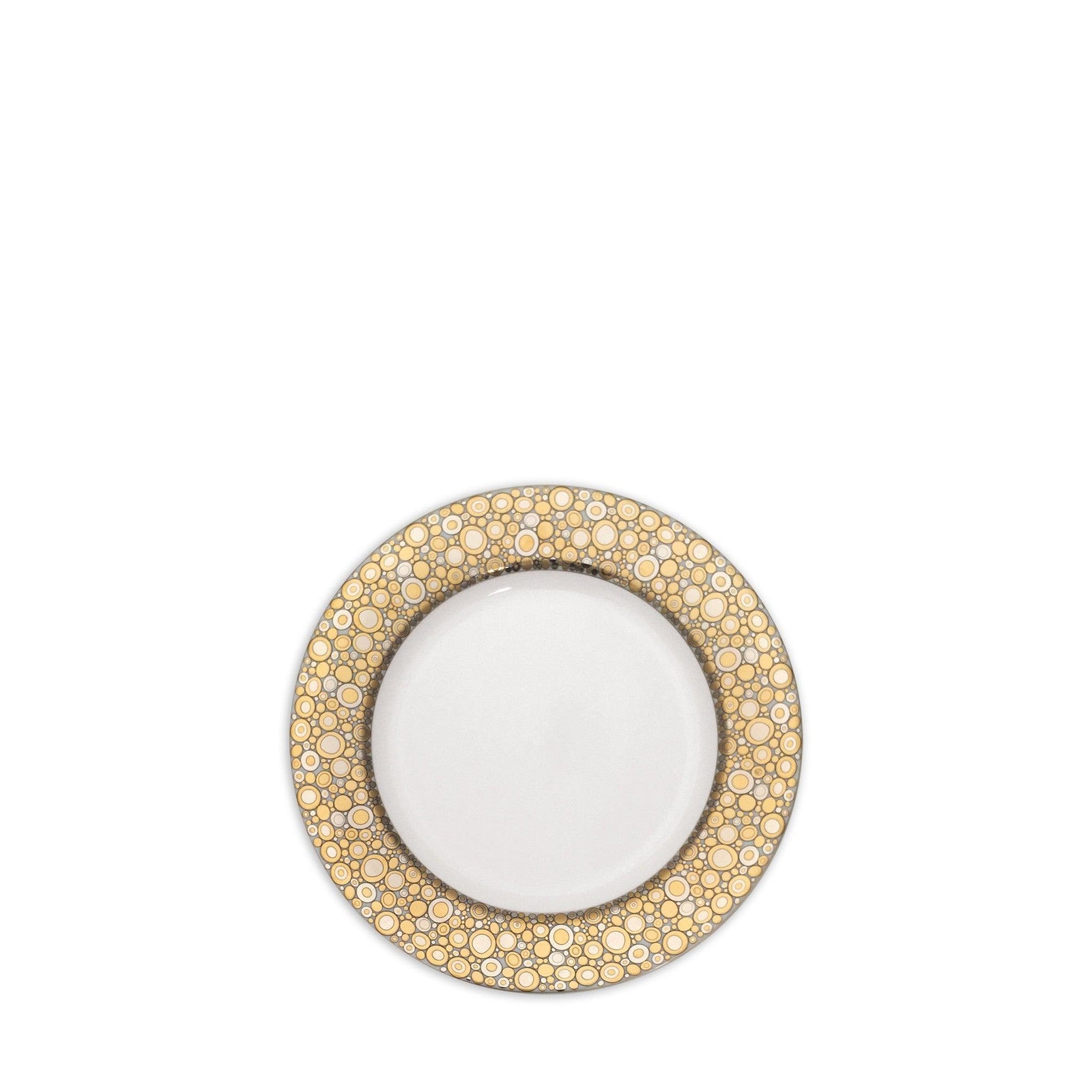 The Ellington Shimmer Gold & Platinum Bread & Butter Plate by Caskata Artisanal Home is a white ceramic plate adorned with a gold and beige bubble pattern on the rim. This hand-decorated bread plate brings an elegant harmony to any table setting and is dishwasher safe for easy cleaning.