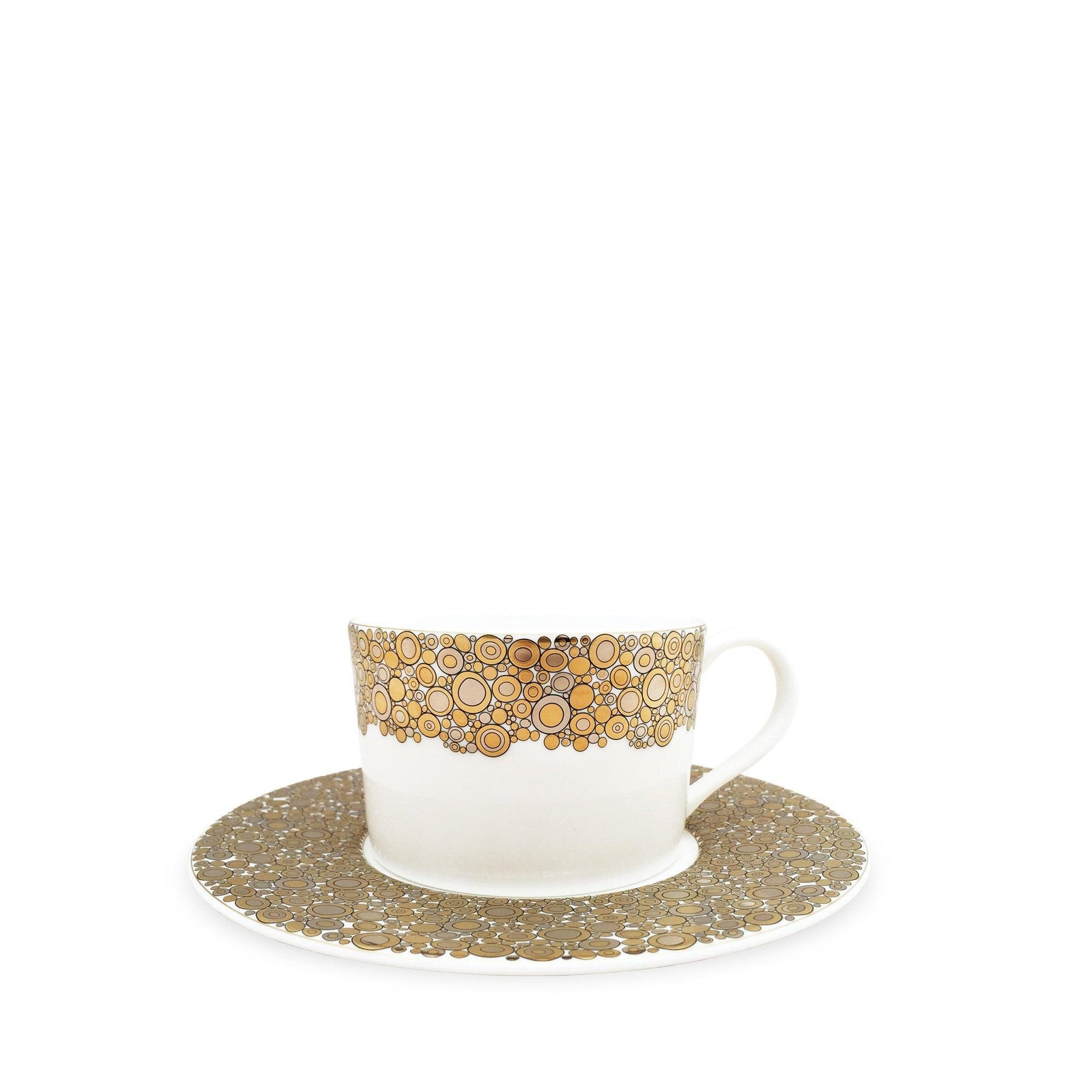 An Ellington Shimmer Gold & Platinum Cup & Saucer from Caskata Artisanal Home is centered against a white background.